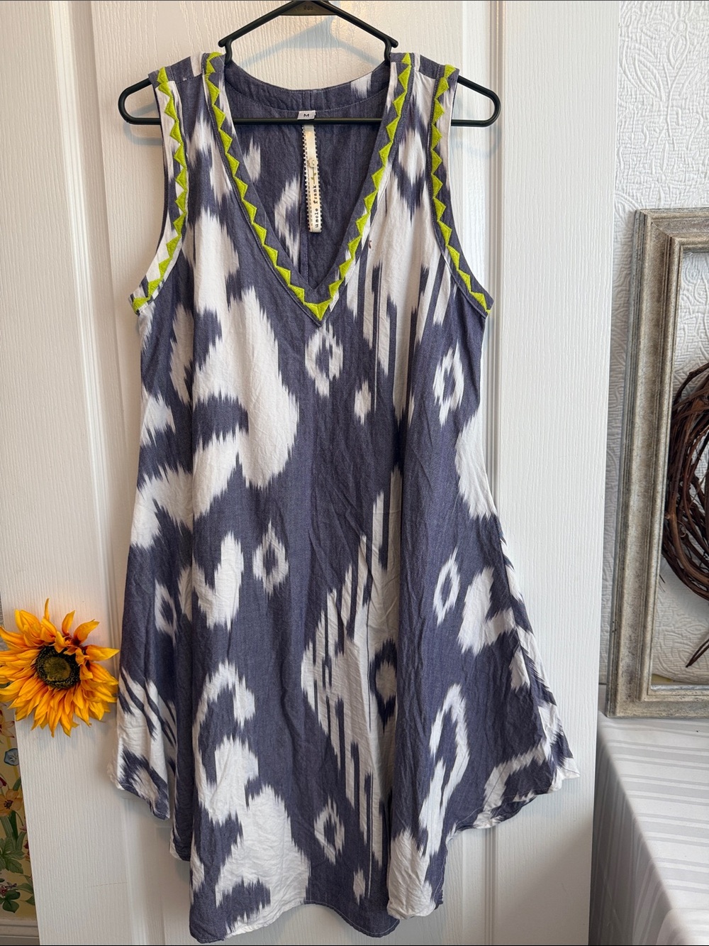 Uncle Frank Blue & White Ikat Tunic w/ Lime Zigzag Trim - 100% Cotton Dress - M